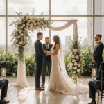 Will Reeve and Amanda Dubin exchanging vows with a floral chuppah and golden light in a Jewish wedding at Rubell Museum