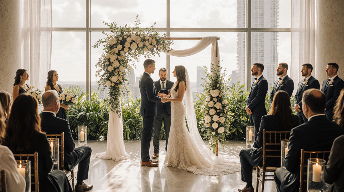 Will Reeve and Amanda Dubin exchanging vows with a floral chuppah and golden light in a Jewish wedding at Rubell Museum