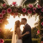 Will and Amanda kiss beneath tropical flower arch with golden sunset lighting their wedding moment