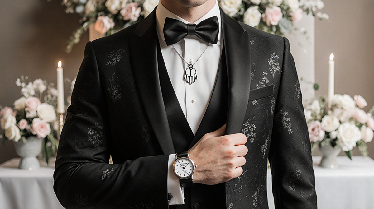 Will Reeve stands in custom black tuxedo with floral patterns and silver hand pendant watch inscription wedding decor backdro