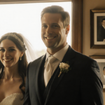 Will Reeve stands at altar looking at camera with Amanda and Dubin beside him Christopher Dana Reeve pictures show behind