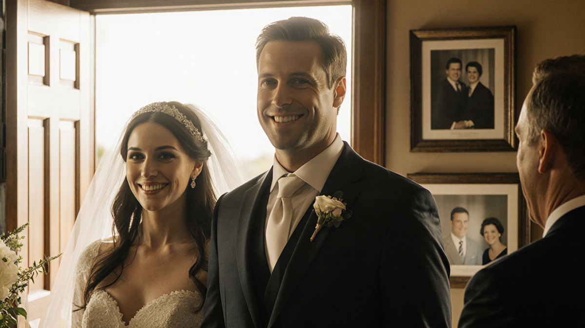 Will Reeve stands at altar looking at camera with Amanda and Dubin beside him Christopher Dana Reeve pictures show behind