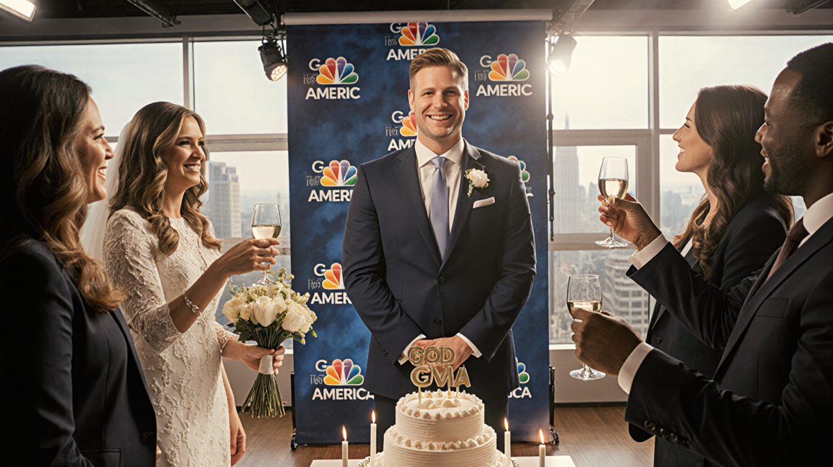 Will Reeve stands before a backdrop with a wedding cake topper and flowers during a GMA wedding celebration