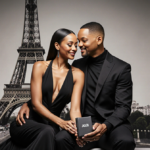 Will Smith and Jada Pinkett Smith sitting holding hands with Jaden portfolio and Paris Fashion Week backdrop behind them.