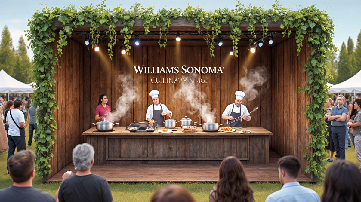 Chef cooking on stage with sizzling pans and rustic wooden backdrop at BottleRock Napa Valley
