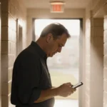 Willie Geist stands at college dorm door checking phone with warm natural light and nostalgic expression