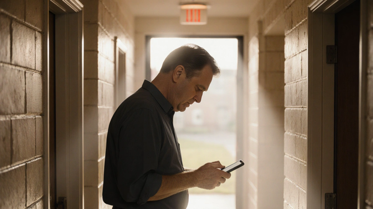 Willie Geist stands at college dorm door checking phone with warm natural light and nostalgic expression
