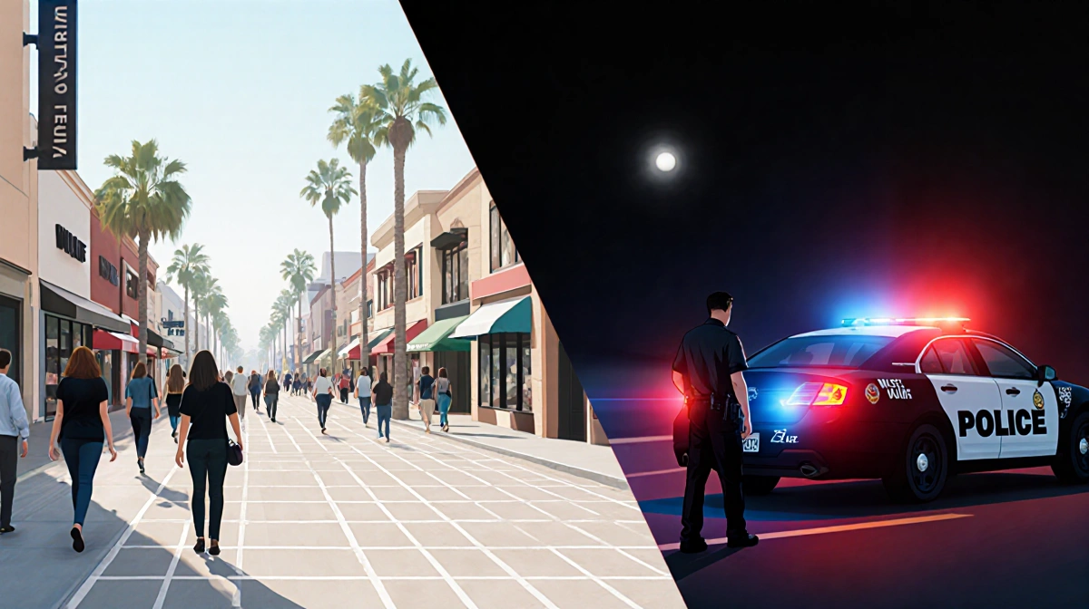 Split screen showing Wilshire Boulevard shoppers with luxury stores and a police car with flashing lights responding to an in