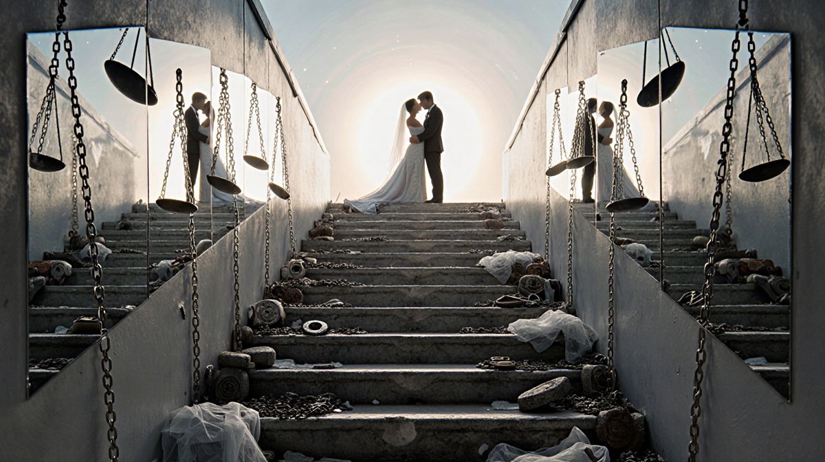 Figure ascending winding staircase with radiant horizon light and silhouette couple in distant aura