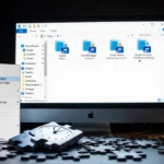 Windows 11 desktop shows ticking clock with folders spilling onto floor and flickering light casting eerie glow