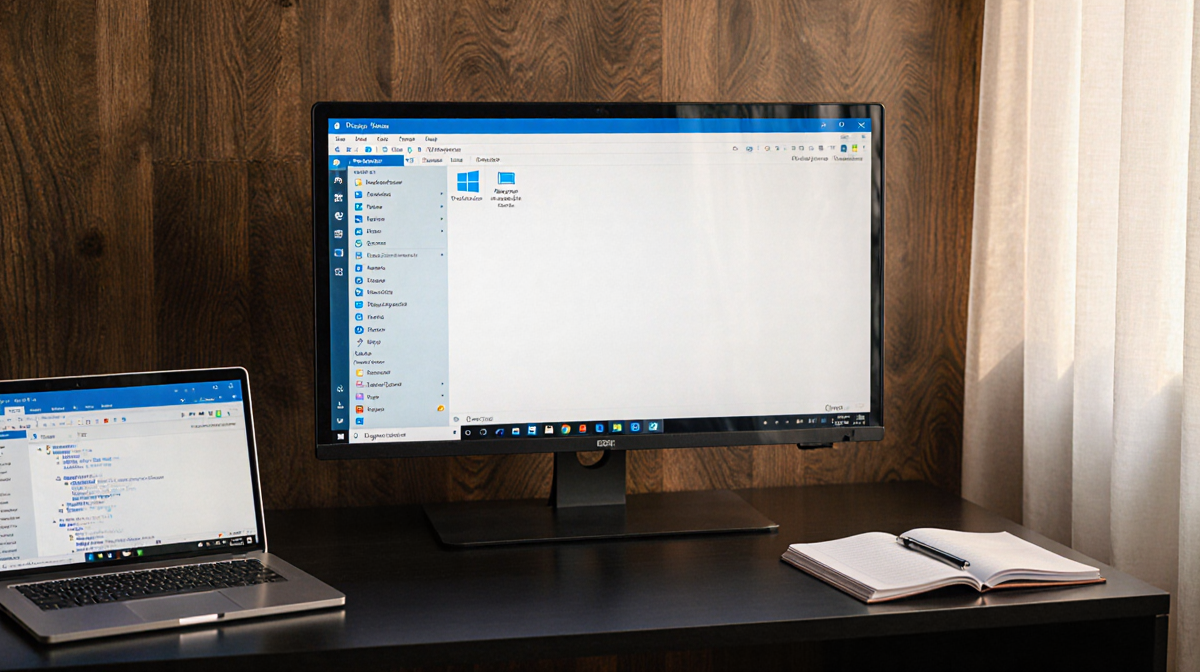 Monitor displaying Windows 11 desktop with clean taskbar and warm natural light.