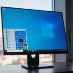 Windows 11 desktop shows clean Start menu with organized icons and blue gradient edges near window with city view