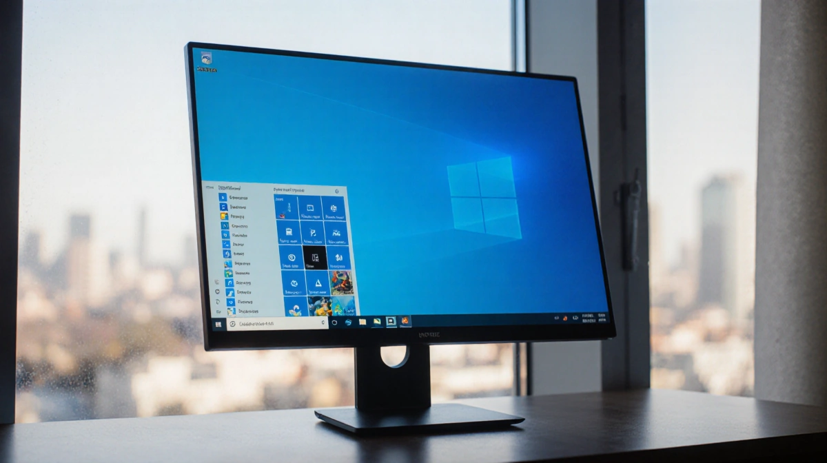 Windows 11 desktop shows clean Start menu with organized icons and blue gradient edges near window with city view