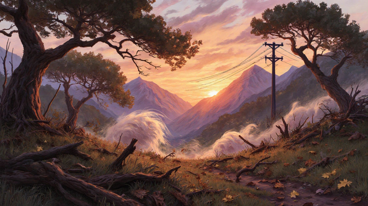 Windswept valley trees swaying with orange sunset glow and scattered leaves across valley floor