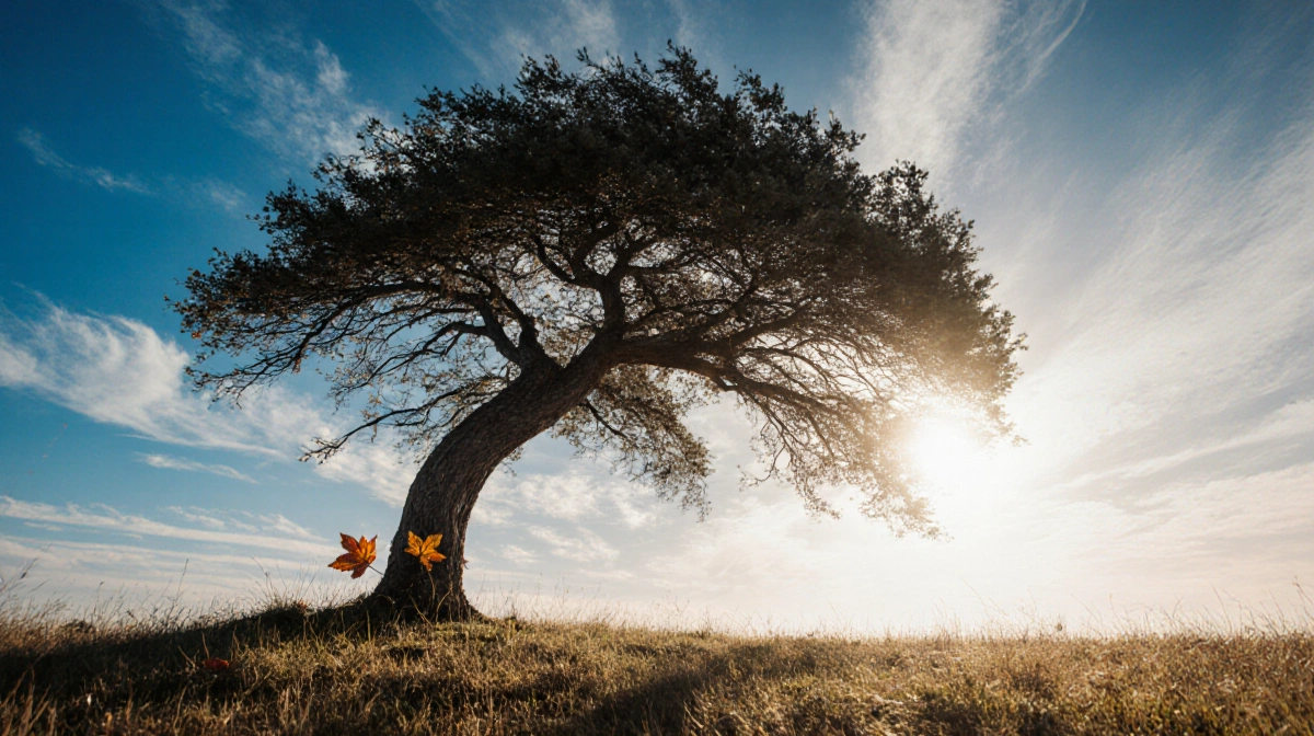 Tree bends in strong wind with golden sunlight illuminating leaves and long shadows on ground