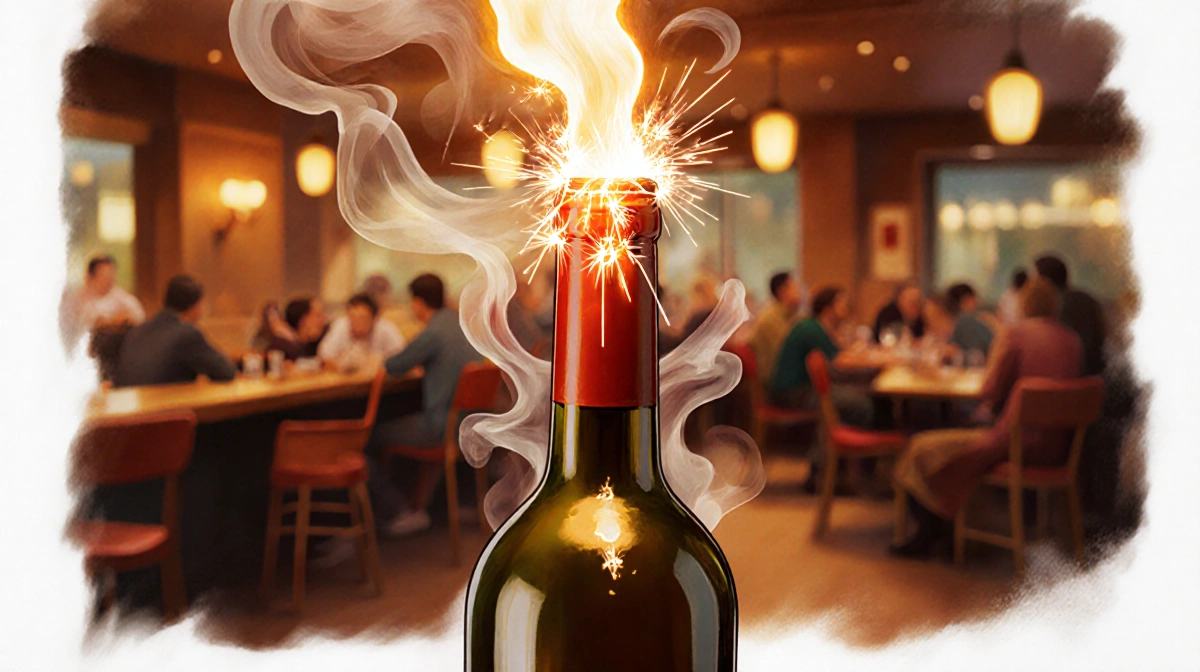 Wine bottle ignites with sparks and smoke against a warm blurred bar interior background