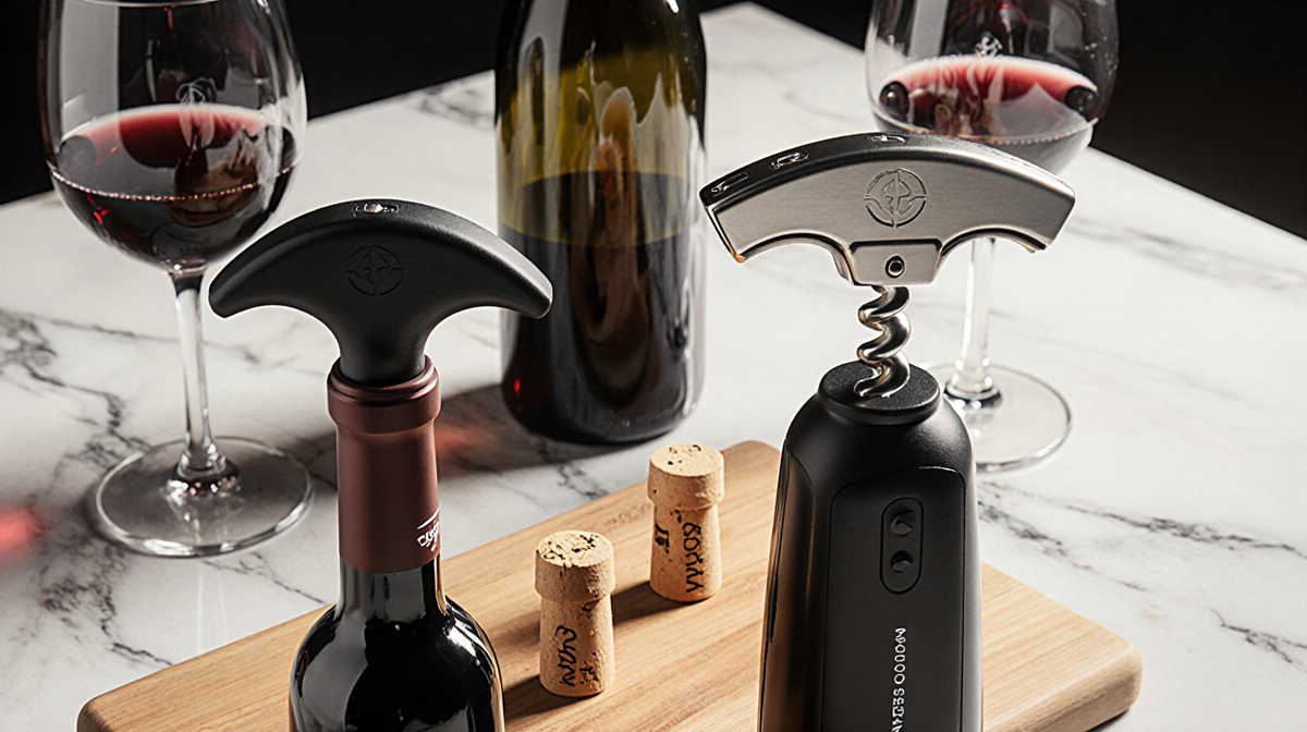 Wine key sits beside electric wine opener on a wooden cutting board with freshly opened wine bottle.