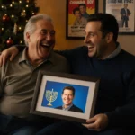 Henry Winkler and Adam Sandler laughing together while holding a photo with Chanukah ornaments on Christmas tree and movie po