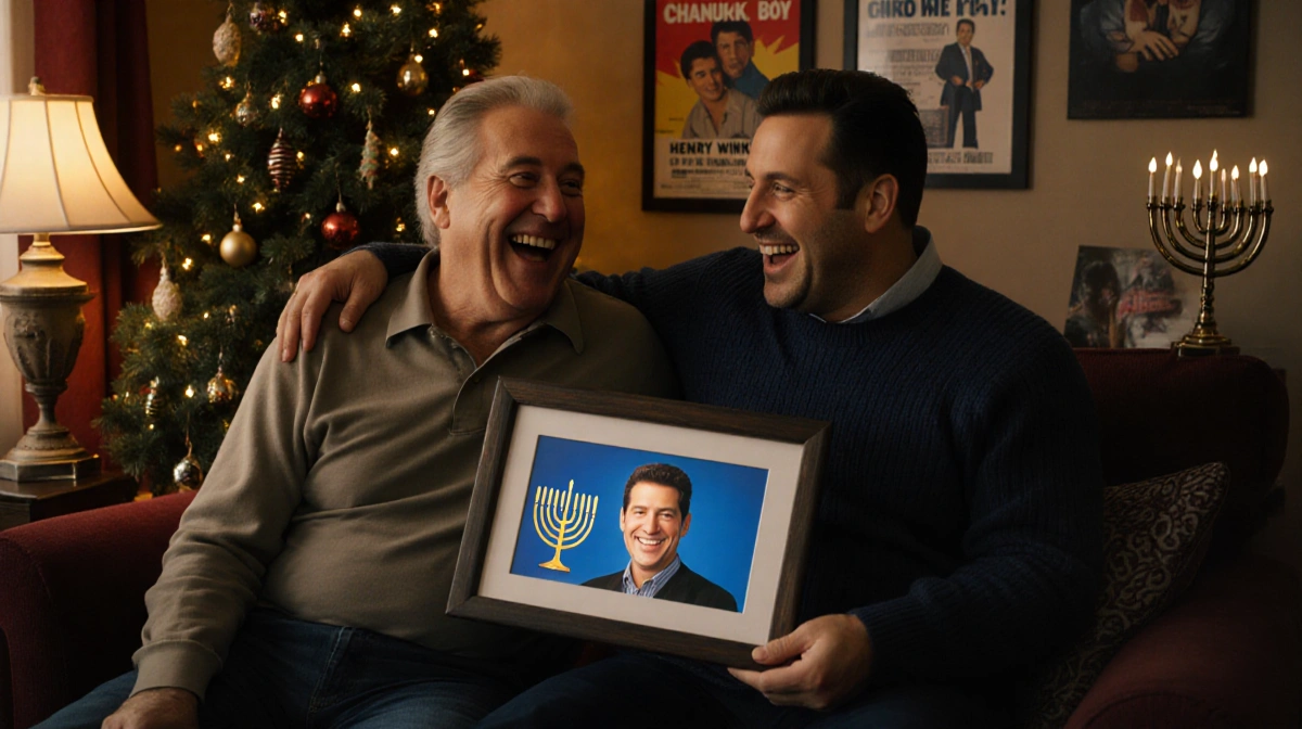 Henry Winkler and Adam Sandler laughing together while holding a photo with Chanukah ornaments on Christmas tree and movie po