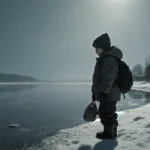 Young boy stands at frozen lake edge with backpack and worried expression while distant house shows grandfather