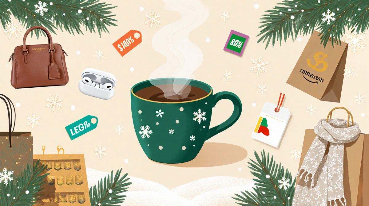 Steaming coffee cup sits in winter scene with snowflakes falling and Amazon sale items nearby