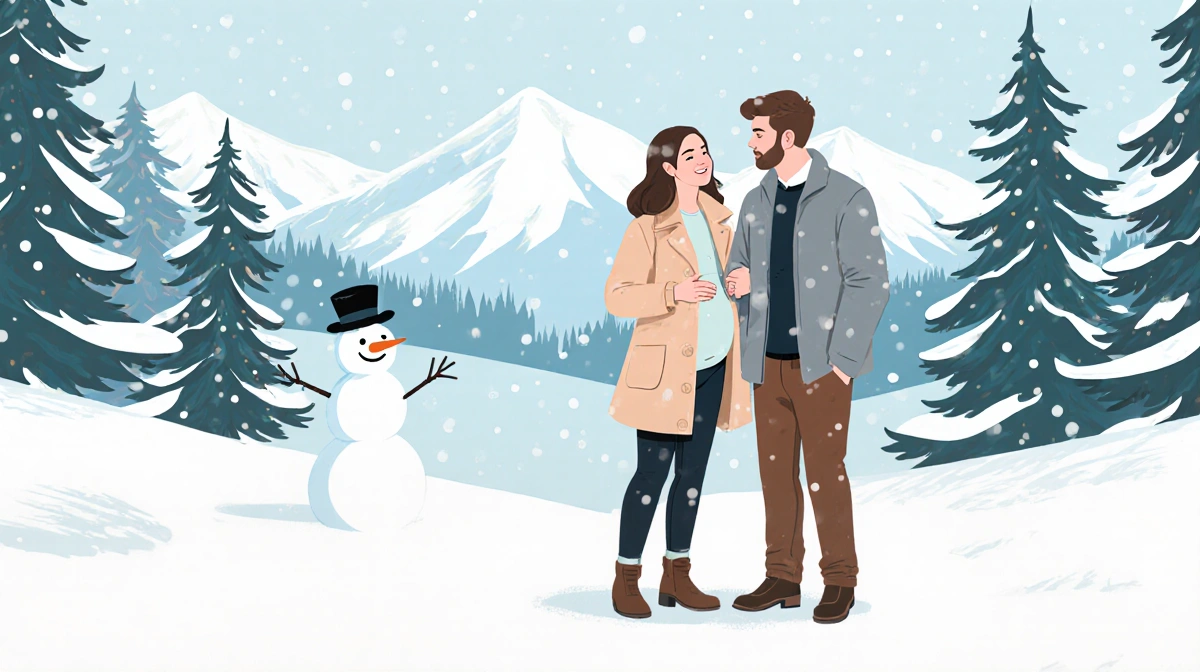 Steinfeld and Allen sharing tender moment with his hand on her baby bump and snow-covered trees behind