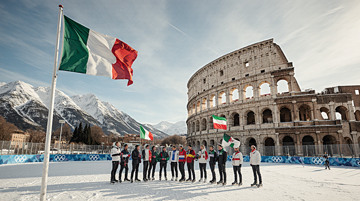 Athletes from different countries hold Olympic flags with the Italian flag waving over snow-covered mountains and Colosseum