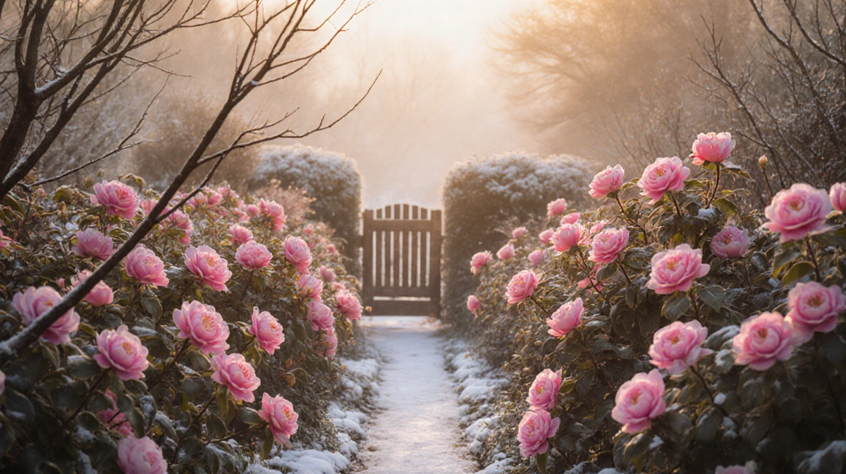 Flowers bloom in a winter garden with camellias and roses and golden light over snow-dusted paths.