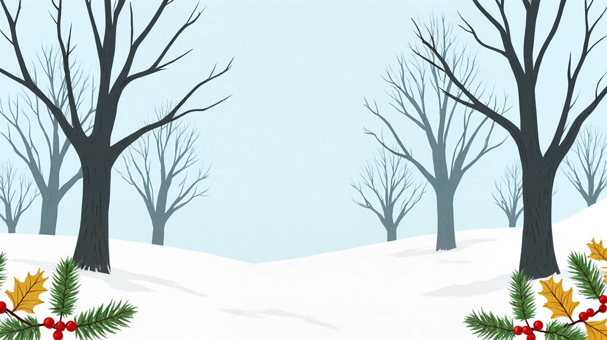 Winter landscape shows bare branches against pale sky with evergreen trees and red berries showing seasonal transition