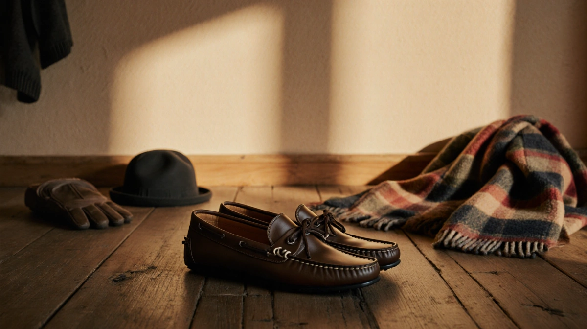 Leather loafers rest on worn wooden floor with winter accessories scattered nearby and warm beige wall behind