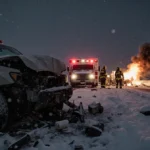 Emergency crews respond to a multi-vehicle winter crash with a burning car and injured people while snow falls