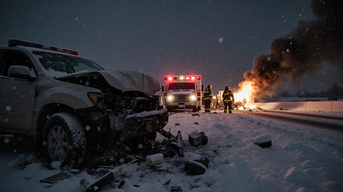 Emergency crews respond to a multi-vehicle winter crash with a burning car and injured people while snow falls