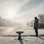 Person stands in snow-covered yard with frosty birdbath and lifting fog revealing pale winter sky