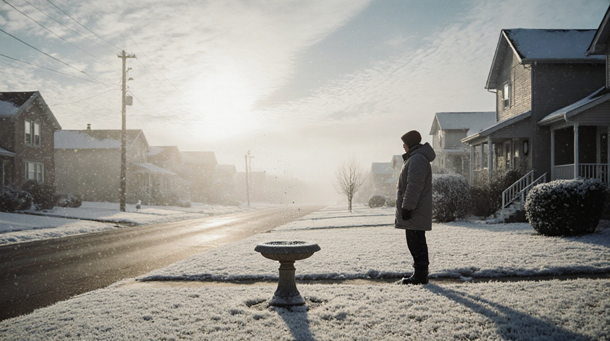 Person stands in snow-covered yard with frosty birdbath and lifting fog revealing pale winter sky