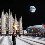 Torch bearer passes Winter Olympics flame with Duomo backdrop and spacecraft orbiting above