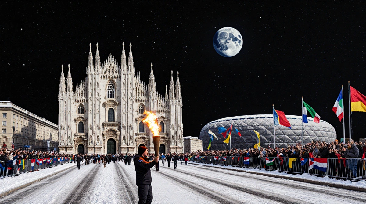 Torch bearer passes Winter Olympics flame with Duomo backdrop and spacecraft orbiting above