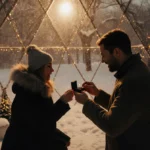 Art proposing to Marilyn with ring box in igloo while golden light glows through roof with snow and twinkling lights visible
