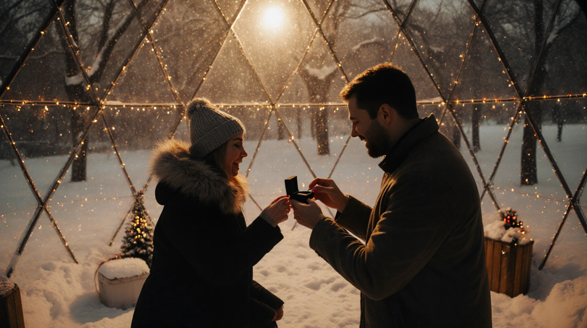 Art proposing to Marilyn with ring box in igloo while golden light glows through roof with snow and twinkling lights visible