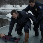 Man being pulled from frozen pond with paramedic and motionless toddler in snow