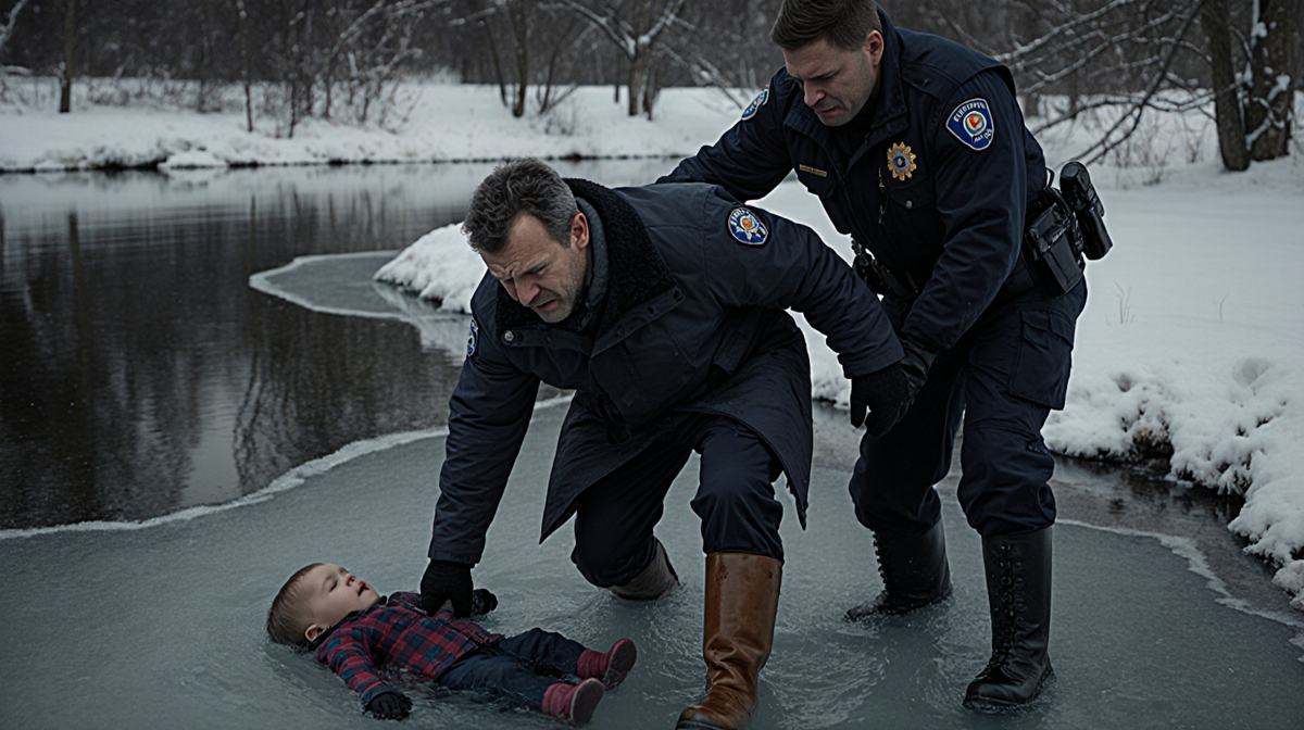 Man being pulled from frozen pond with paramedic and motionless toddler in snow