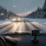 Car drives into dusk road with snow and a dash cam on the windshield illuminating the icy path