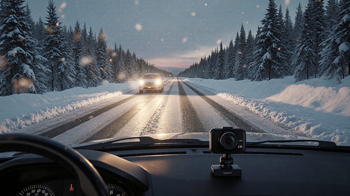 Car drives into dusk road with snow and a dash cam on the windshield illuminating the icy path