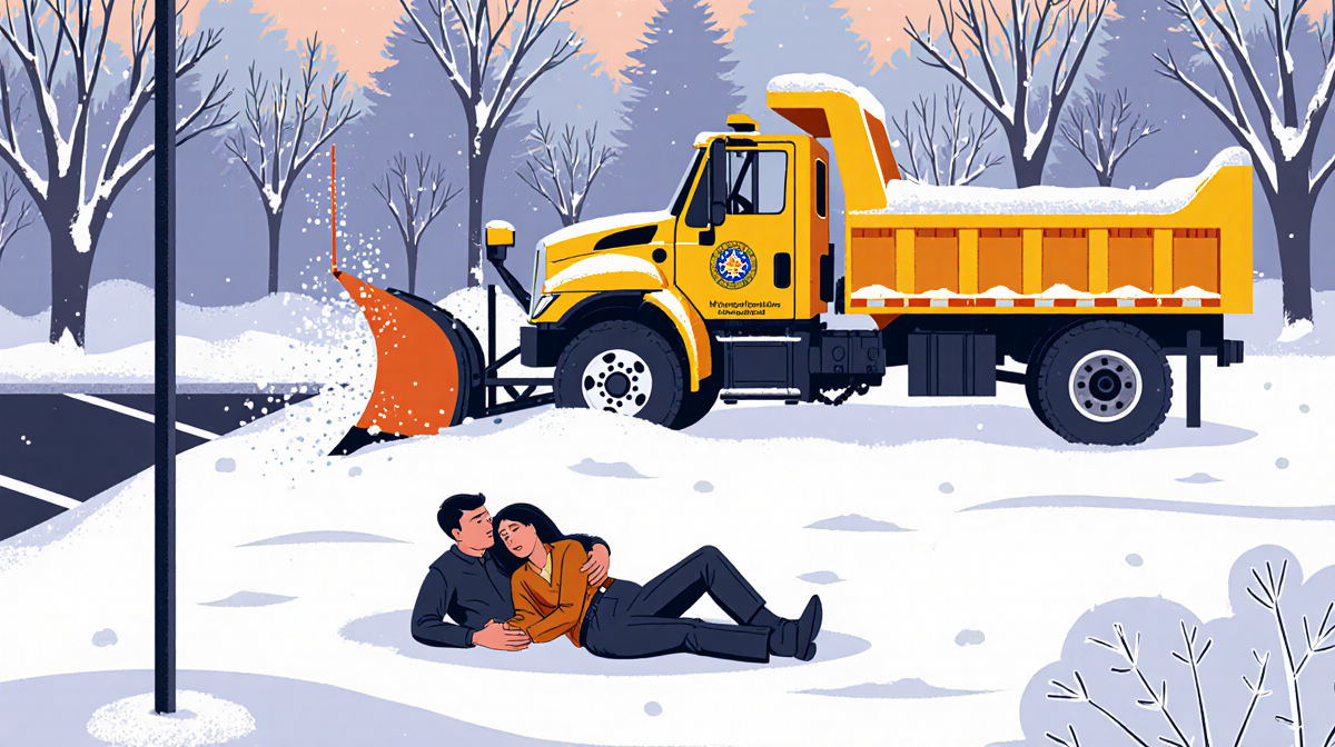Husband lying on snow with injured wife cradled and idle snowplow nearby in a winter parking lot
