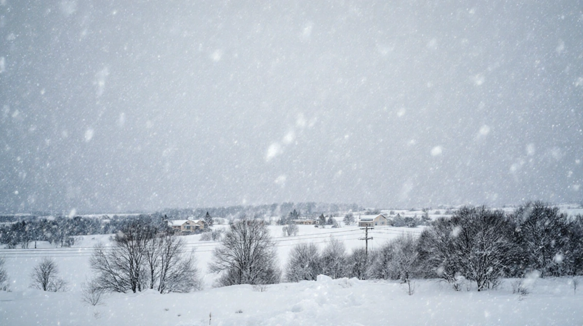Heavy snowstorm blankets winter landscape with bare trees and power lines visible through swirling snowfall