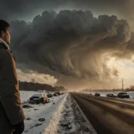 Person in parka stands at snow-covered highway with abandoned cars and storm clouds looming above