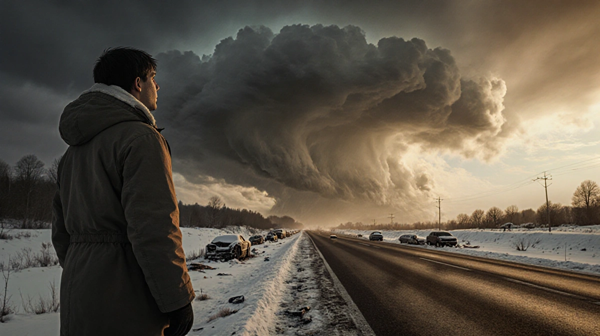 Person in parka stands at snow-covered highway with abandoned cars and storm clouds looming above