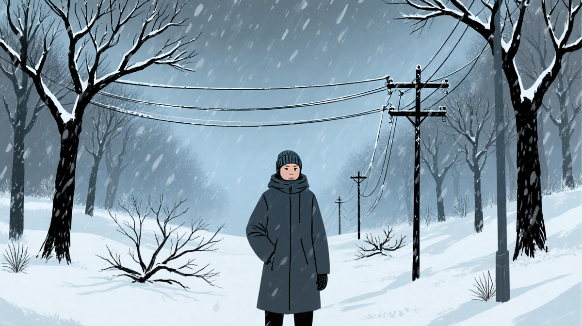 Person bundled in winter coat stands near snow-covered trees with broken power lines showing in icy landscape