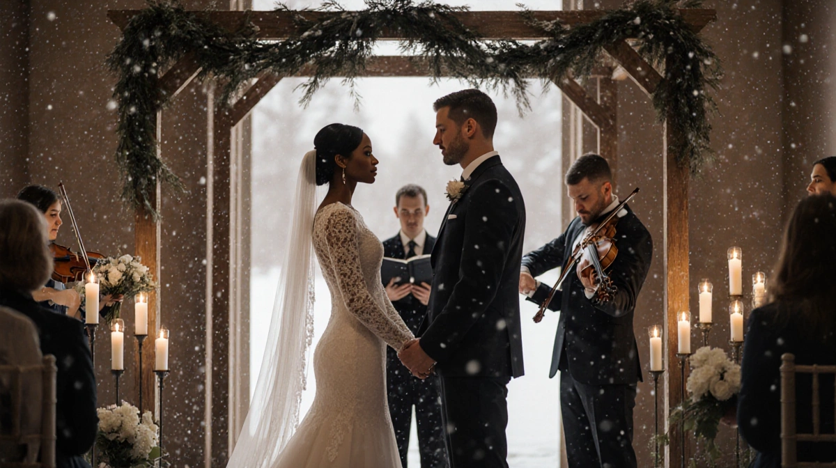 Iyanna McNeely standing at a wooden altar taking vows with Alexander Lewis surrounded by candlelight and falling snowflakes
