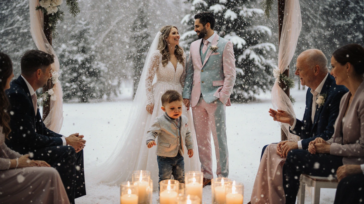 Couple exchanging vows in pastel wedding attire with toddler playing in snow and candlelight glowing around them