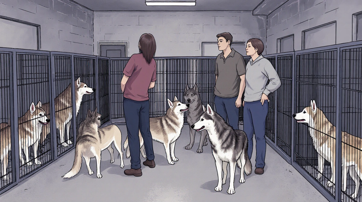 Wolves and husky rescue volunteers comforting anxious shelter dogs in crates with some peeking out showing hope